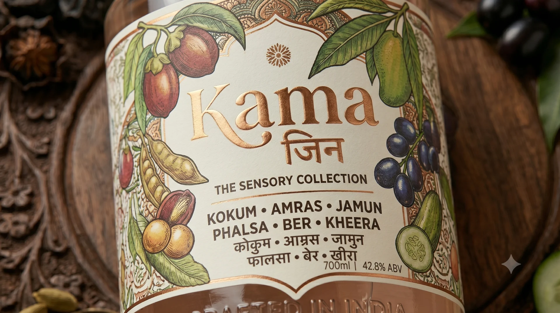 Close detail of the illustrated Kama Gin label