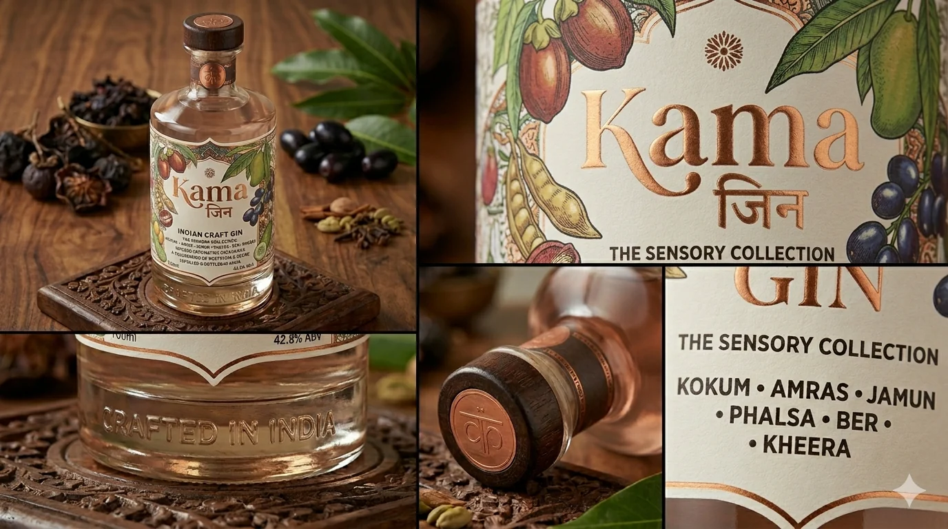 Details of the Kama Gin bottle and label