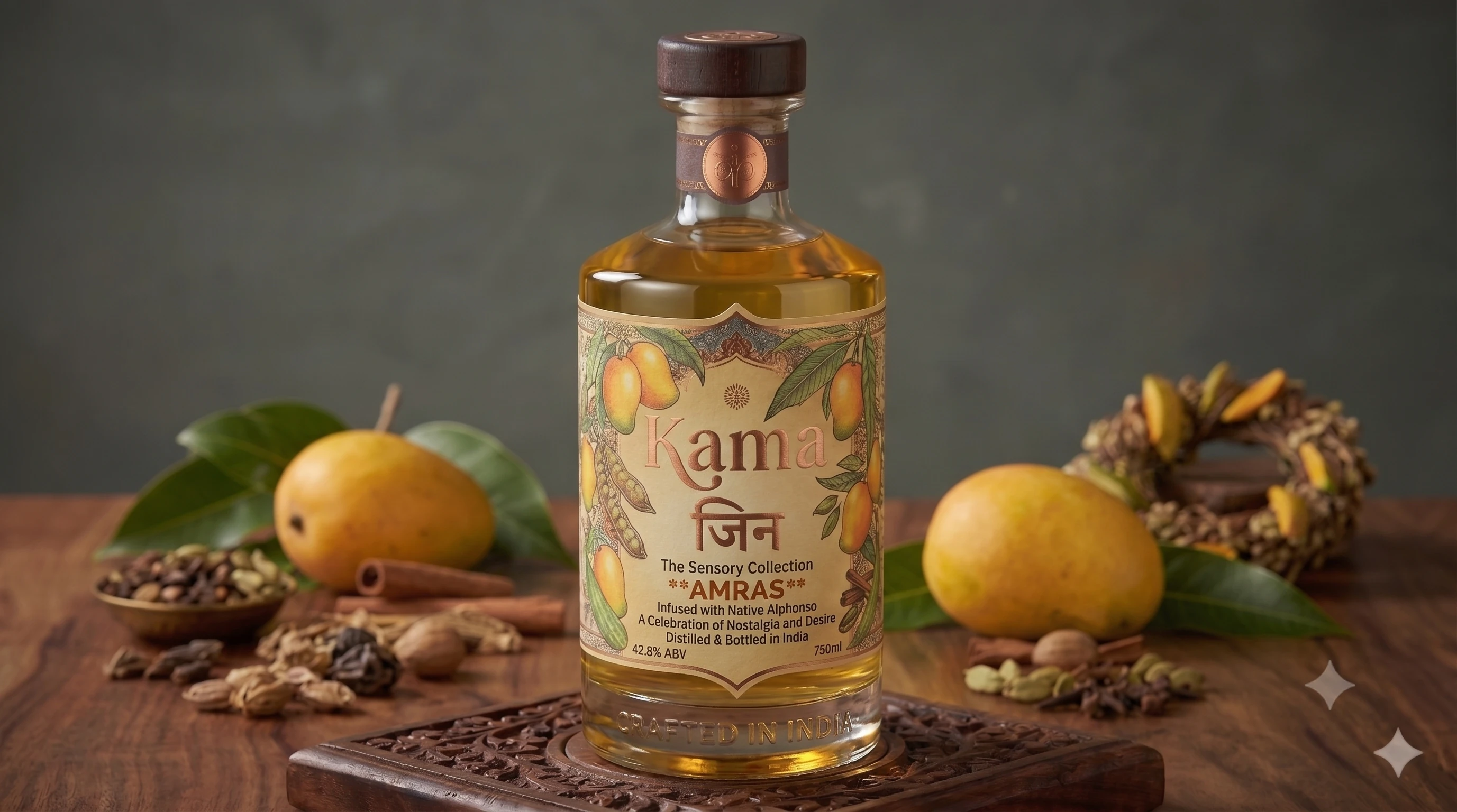 Kama Aamras Gin bottle surrounded by golden mangoes