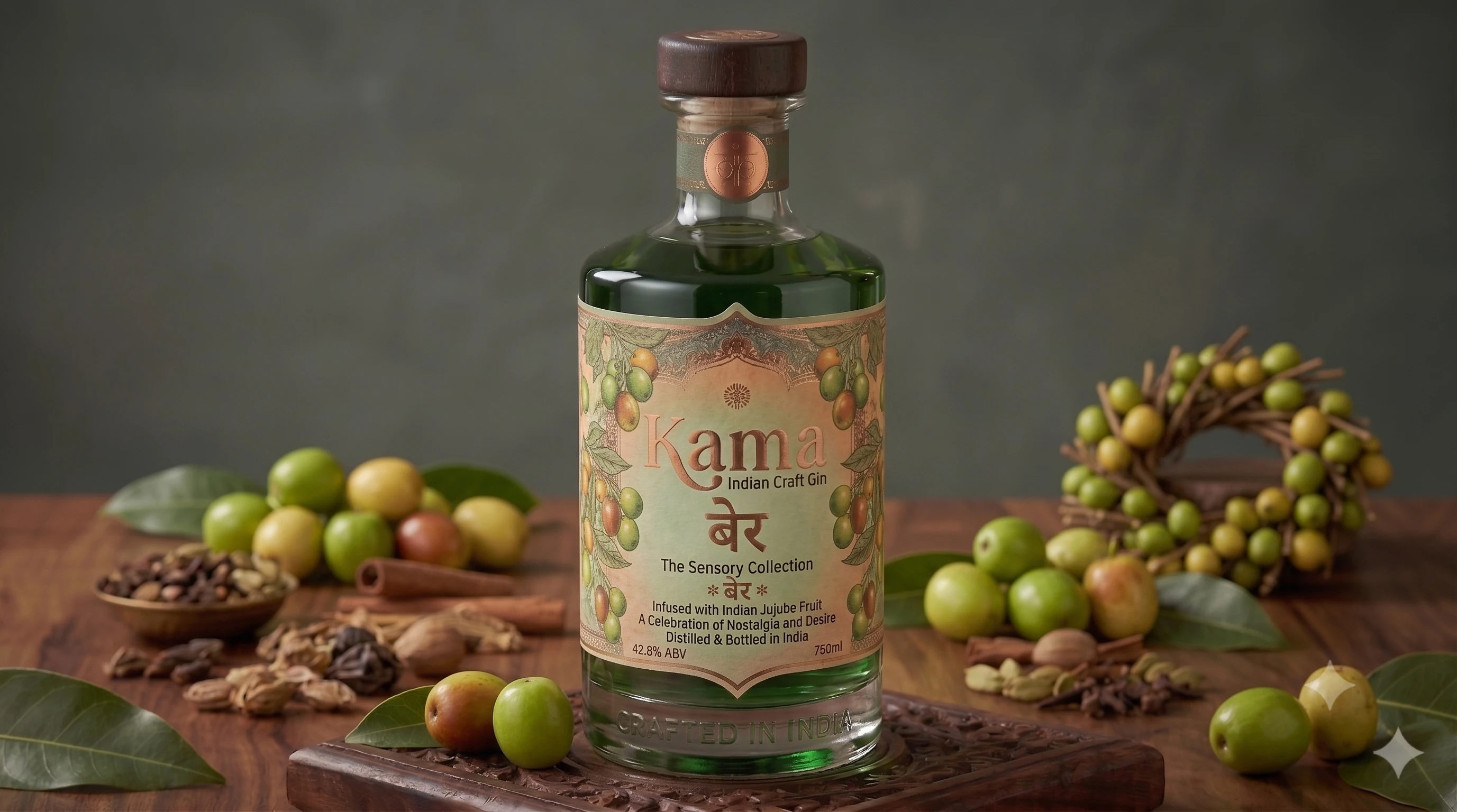Kama Ber Gin bottle surrounded by Indian jujube fruit