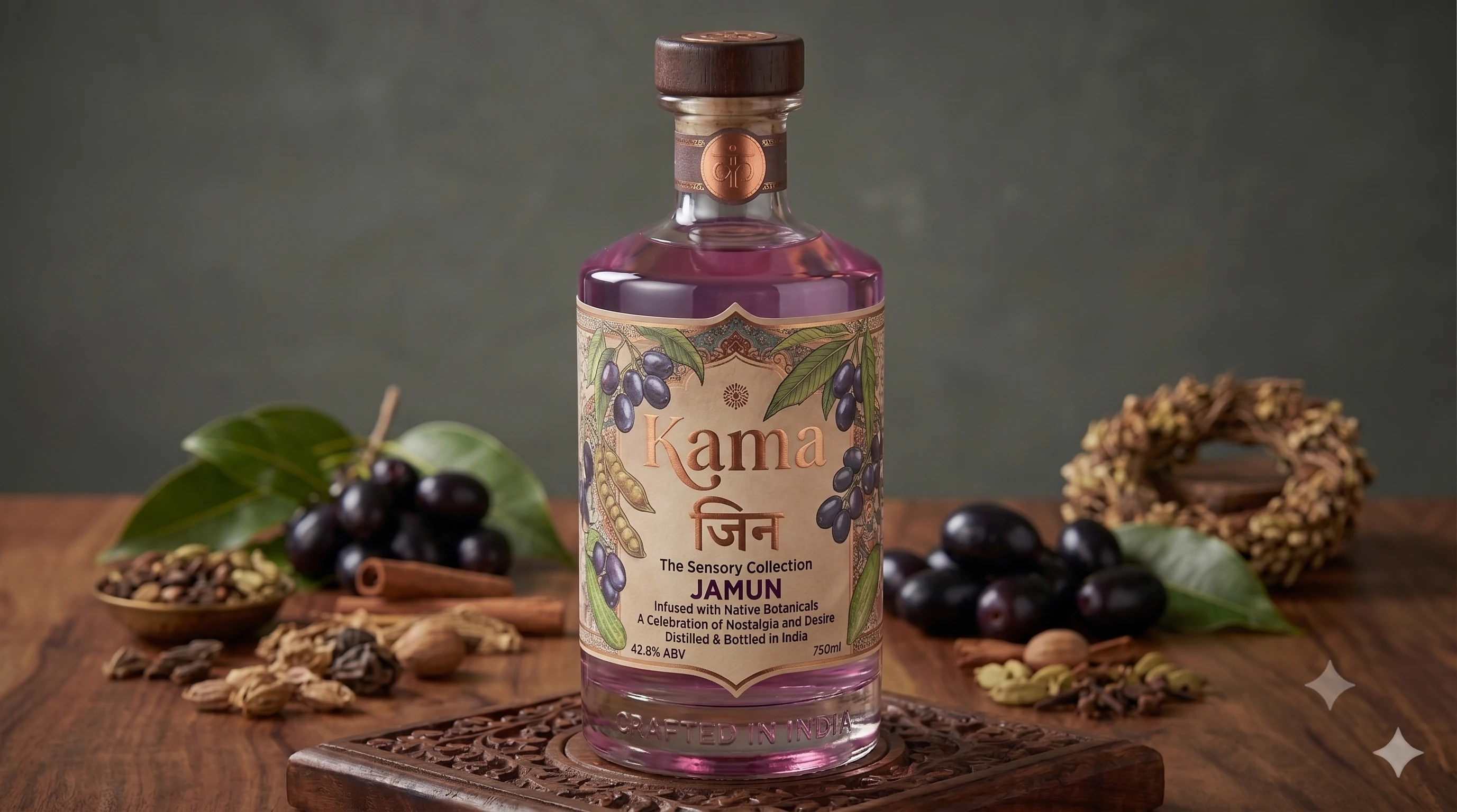 Kama Jamun Gin bottle surrounded by native jamun fruit