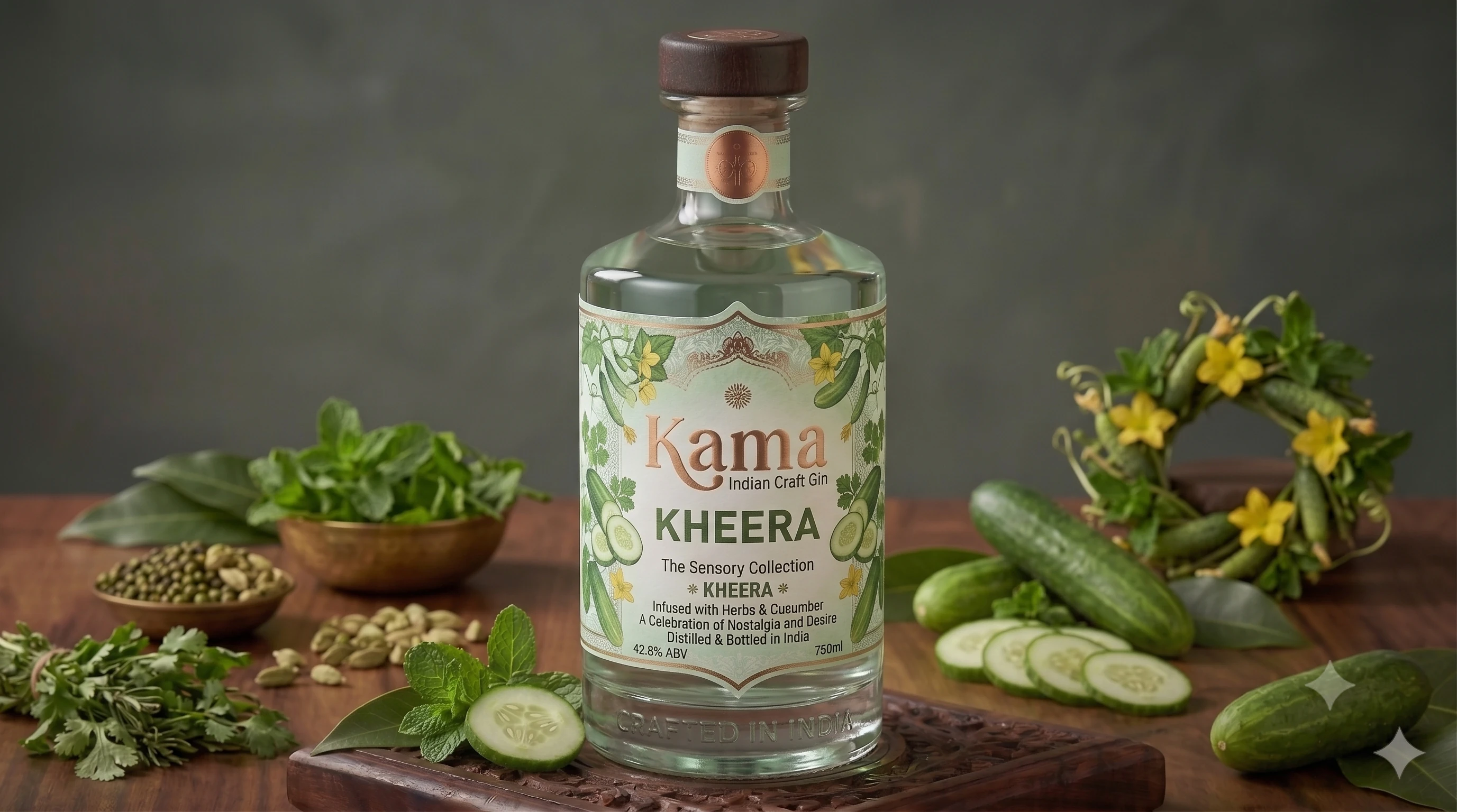 Kama Kheera Gin bottle surrounded by cucumber and fresh herbs