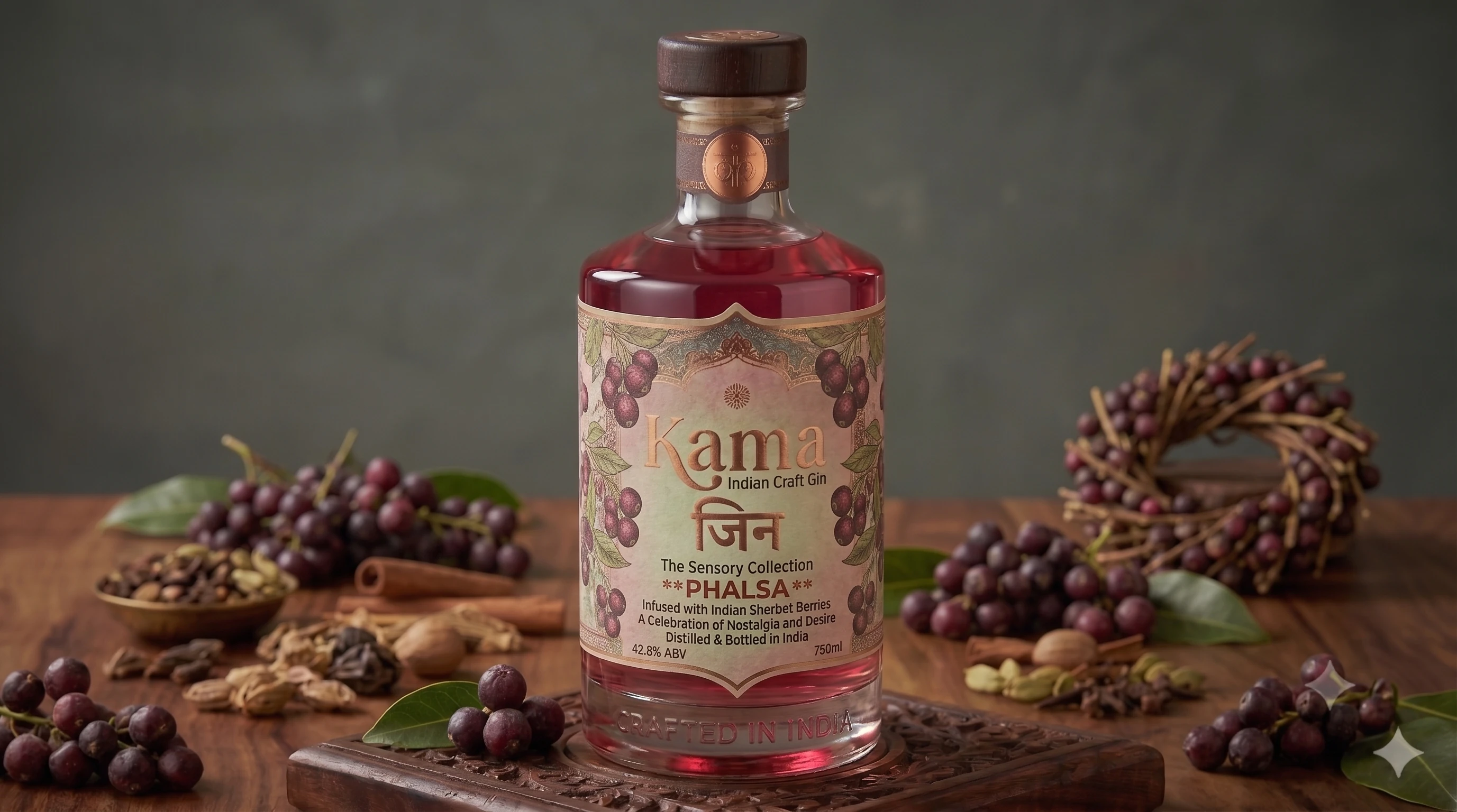 Kama Phalsa Gin bottle surrounded by Indian sherbet berries